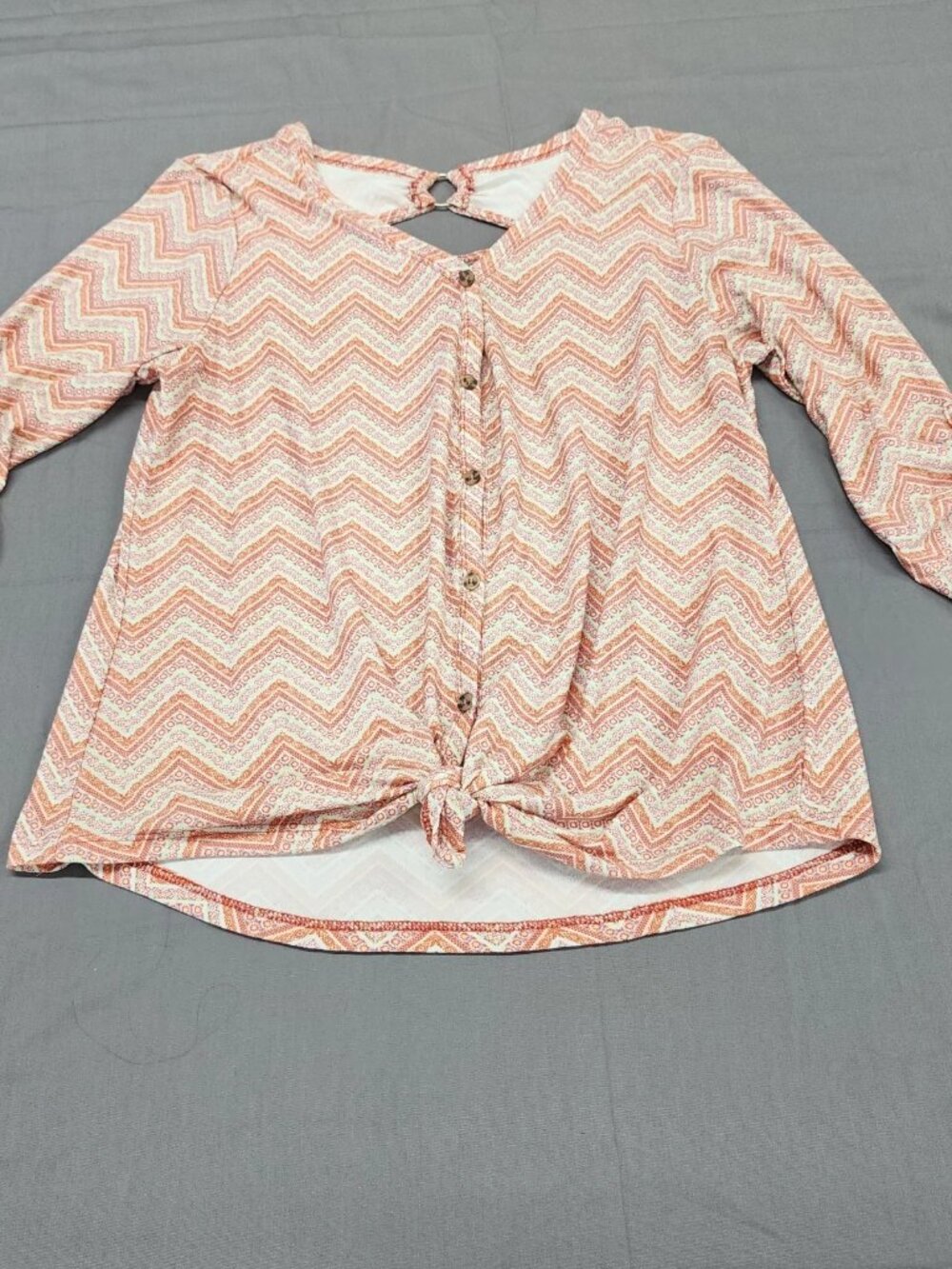 Kristin Nicole Womens L Orange Chevron Blouse Tie Front Keyhole 3/4 Sleeve